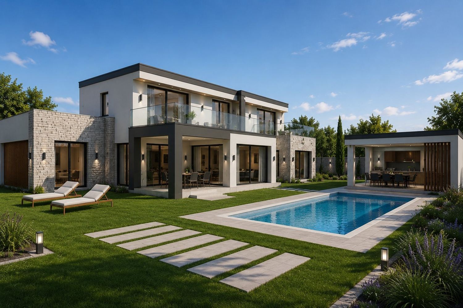 Visualisierung der genehmigten Villa mit Pool